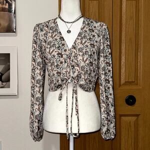 Kathleen Post The Drop Crop Top Womens XS Multi Floral Elastic Cuff Tie Front